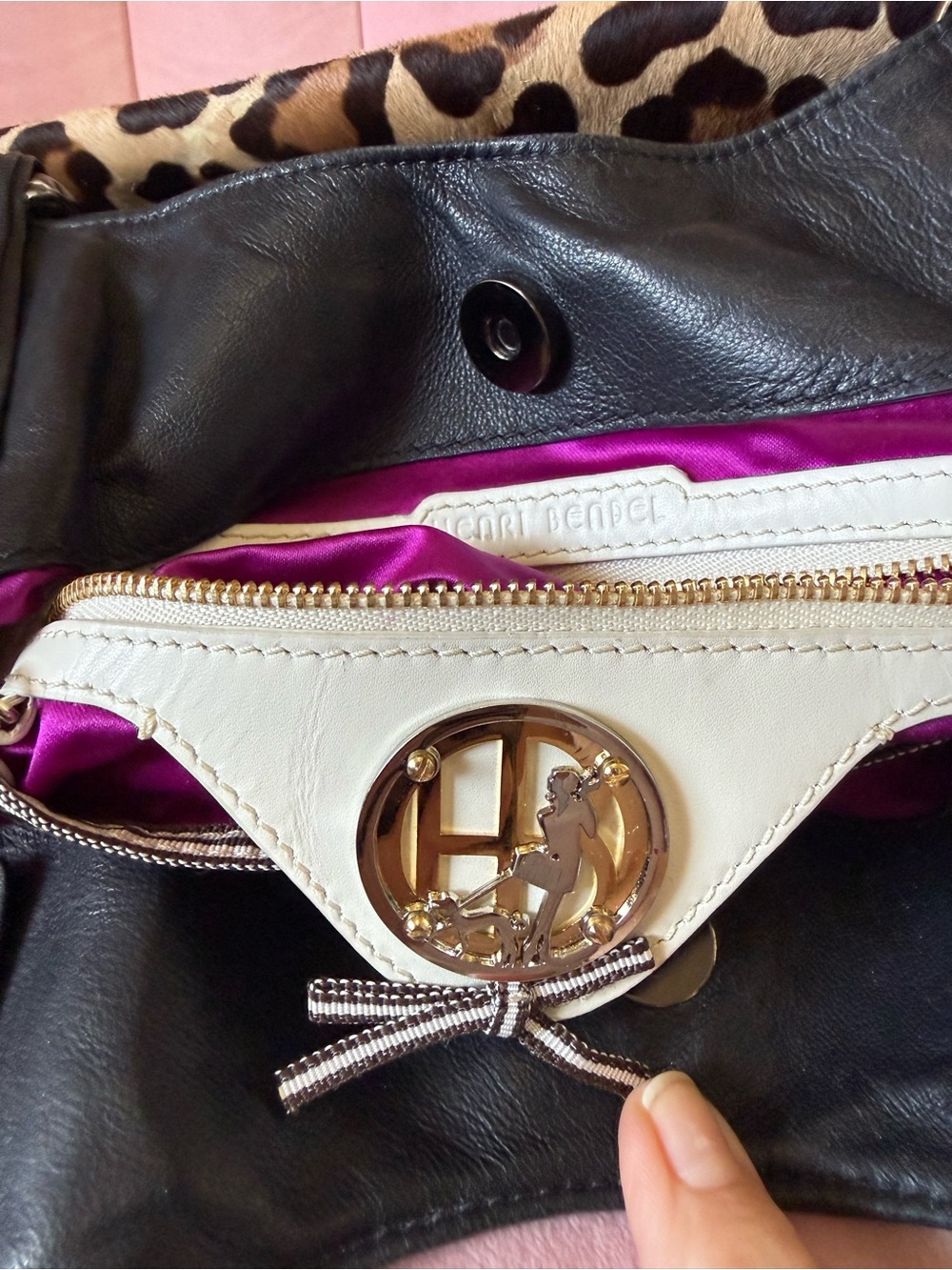 💯Auth! Henri Bendel Calf Hair Leopard Chain Handle Shoulder Bag Blk Leather Trim - Picture 9 of 16